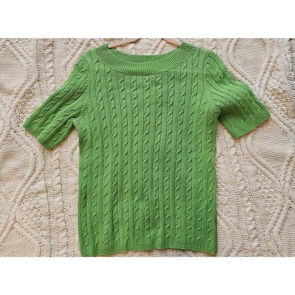 Talbots Cable Knit Dolman Spring Green Sweater Short Sleeve Large‎ Petite LP - Picture 1 of 2